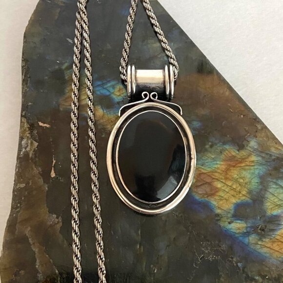 Jewelry - Sterling Silver 925 2" Chunky Oval Black Onyx Pendant Necklace 18" Rope Chain